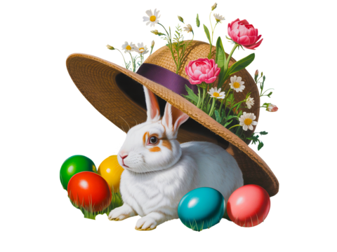 Cute easter bunny with flowers in a hat isolated on transparent background