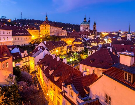Panoramic view of Prague's Old Town at twilight