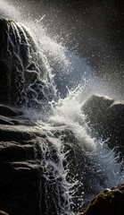 Water cascades over dark rocks creating a dynamic splash in sunlight