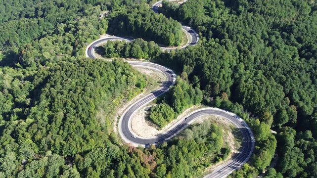 Aerial view of winding asphalt mountain road among green trees in summer. (Domani&ccedil;,İneg&ouml;l dağ yolu)
