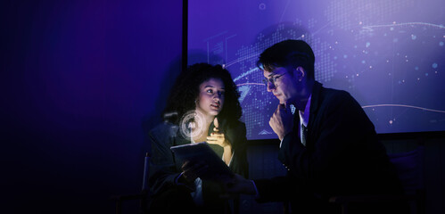 Business team discussing and using technology artificial intelligence with digital Ai assistant....