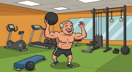 A cheerful and muscular senior man enjoys a strength training workout, lifting a medicine ball in a modern gym facility cartoon illustration