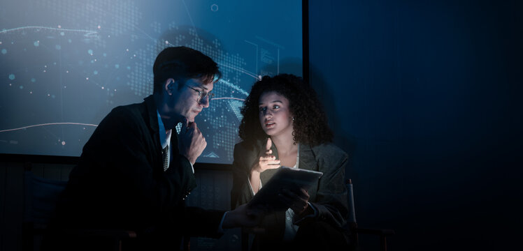 Business team discussing and using technology artificial intelligence with digital Ai assistant. Futuristic innovation AI technology collaboration and ideas for future. Business Tech Startup meeting.