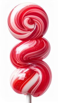 Stacked Red And White Swirl Lollipops on White Stick in Vertical Arrangement