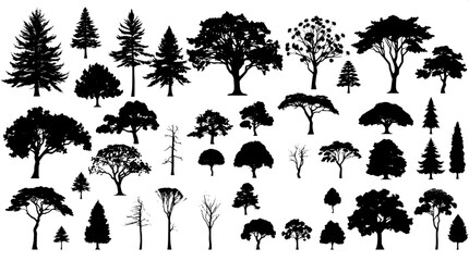 An inventory of tree forms illustrated as delicate black silhouettes against a pristine white background, arranged in a grid layout with ample spacing, exuding a minimalist and graphic aesthetic, show