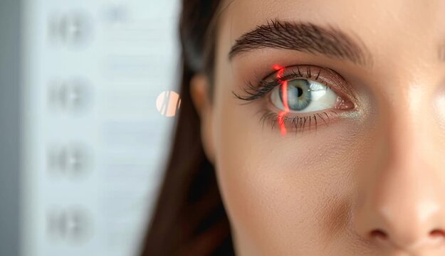 Vision test chart and laser reticle focused on woman's eye against light grey background