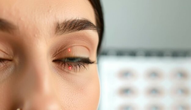 Vision test chart and laser reticle focused on woman's eye against light grey background
