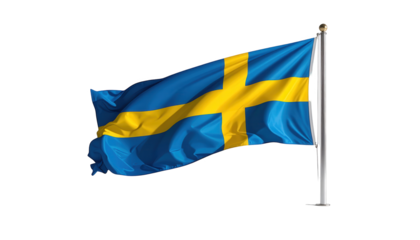 A vibrant Swedish flag billows majestically in the breeze against a stark black backdrop, showcasing the iconic blue and gold colors.