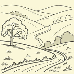 Vector art of a picturesque line art landscape illustration depicts a winding road through rolling hills, with a solitary tree standing tall, evoking a sense of tranquility and natural beauty