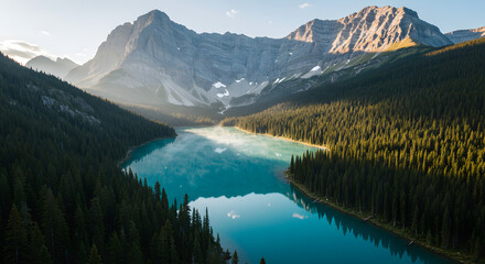 Majestic mountain range reflected in a serene, turquoise alpine lake surrounded by dense pine forest at sunrise.