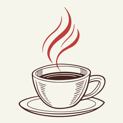 Vector art of a steaming cup of coffee on a saucer, depicted in a handdrawn style with red steam rising, perfect for illustrating coffee breaks, cafe menus, or cozy morning rituals
