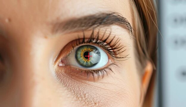 Vision test chart and laser reticle focused on woman's eye against light grey background