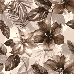 Seamless pattern of sepia-toned tropical flowers and leaves