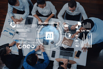 A diverse team engaging in a collaborative meeting focused on an artificial intelligence project, utilizing technology and data visualization to drive insights and innovation. Trope