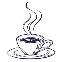 Vector art of elegant handdrawn illustration of a steaming cup of coffee on a saucer, perfect for cafe menus, coffee shop promotions, or illustrating the simple pleasure of a hot beverage