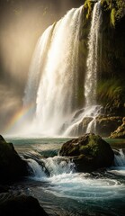 Waterfall cascading over rocks into a pool sunlight creates a rainbow in the mist Lush greenery surrounds the falls