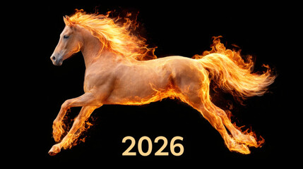 Fiery horse running with 2026 text. Dynamic animal illustration for Chinese New Year. Symbolic power and energy.