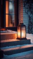 At twilight, a lantern's gentle glow lights up snowy steps, offering warmth amid winter's cold. This holiday season decor adds a touch of festive magic, inviting comfort and joy during the chilly