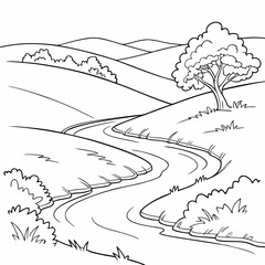 Vector art of line art illustration of a winding river flowing through a serene landscape, featuring rolling hills, lush trees, and meandering stream, ideal for coloring pages © Mamun