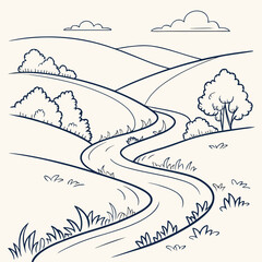 Vector art of line art illustration of a winding river flowing through a serene landscape, featuring rolling hills, lush trees, and meandering stream, ideal for coloring pages, with a calm sky