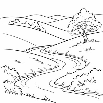 Vector art of line art illustration of a winding river flowing through a serene landscape, featuring rolling hills, lush trees, and meandering stream, ideal for coloring pages