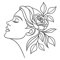 Vector art of refined line art depiction of a womans face in profile, embellished with a delicate rose and foliage, exuding a sense of tranquility and natural grace