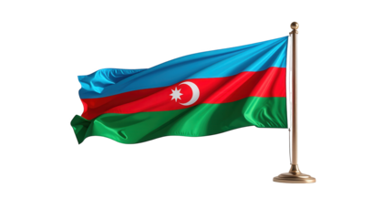 A three-color flag with a crescent moon and star, waving proudly on a gold-colored flagpole against a black background.