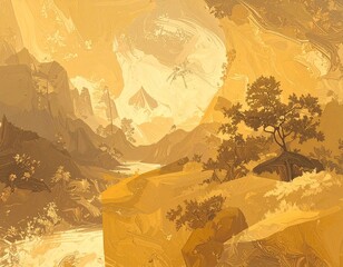 illustration of oriental mountain  landscape with trees and flowers in japan style