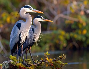 two herons pointing with forest as blurred  background