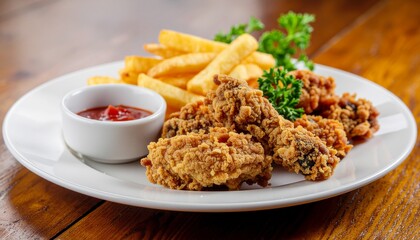 fried chicken with fried chips and ketchup sauce ina withe dish