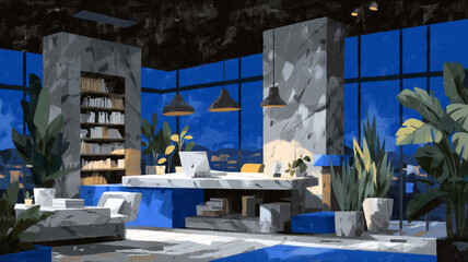 Office space, market predictions, data centre, workspace, prestigious office, illustration, modern, detailed, stock markets, business