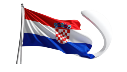 A dynamic image of the Croatian flag billowing majestically in the air against a stark black background, showcasing rich colors and a 3D rendering of the fabric's texture.