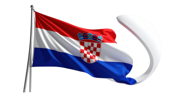 A dynamic image of the Croatian flag billowing majestically in the air against a stark black background, showcasing rich colors and a 3D rendering of the fabric's texture.