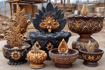 Obraz premium Handcrafted clay diya bowls with carvings high resolution picture