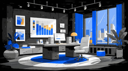 Office space, market predictions, data centre, workspace, prestigious office, illustration, modern, detailed, stock markets, business