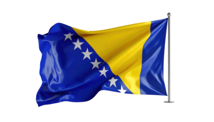 A digitally rendered representation of the Bosnian flag, billowing gracefully against a stark black backdrop.