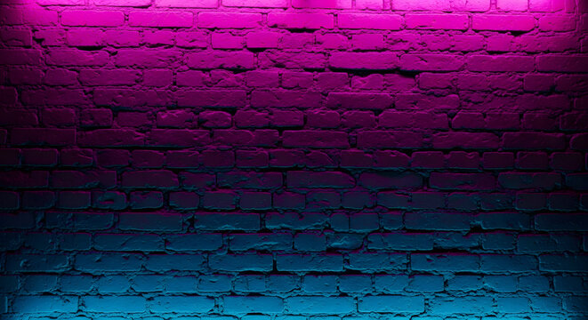 Vibrant neon lights cast a colorful glow on a textured brick wall, creating a modern, atmospheric backdrop.