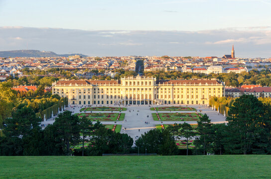 Vienna, Austria &ndash; October 7, 2017: Close-up of Sch&ouml;nbrunn Palace facade and baroque gardens.