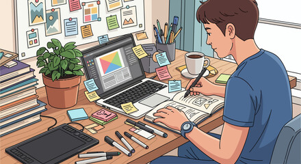 Focused young designer sketching in a notebook at a creative workspace with laptop