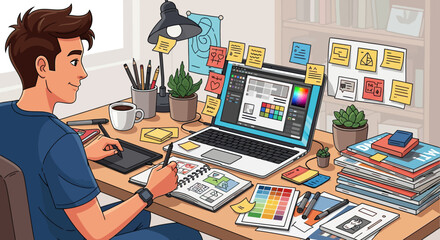 Smiling Cartoon Graphic Designer Working on Tablet