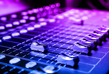 Sound audio mixer at record studio. Neon gradient tone