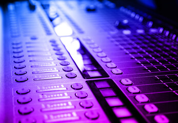 Sound audio mixer at record studio. Neon gradient tone