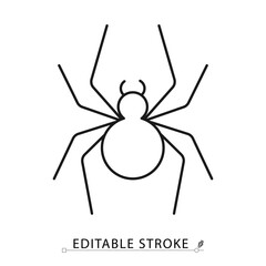 A scary spider icon in a minimalist line style with editable stroke. Halloween horror symbol, spooky insect, fear of arachnids, creepy bug decoration, poisonous wildlife creature concept.