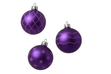 Purple christmas baubles with various patterns, holiday decorations for festive season, transparent background