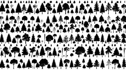 Monochrome catalog of trees, densely packed silhouettes arranged in meticulous neat rows, with a high contrast aesthetic that evokes a sense of scientific accuracy and artistic simplicity, each tree s