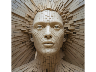 Wooden sculpture of a woman isolated on transparent background with sunburst