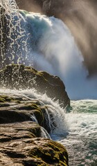 Waterfall crashing over mossy rocks creating spray and white water