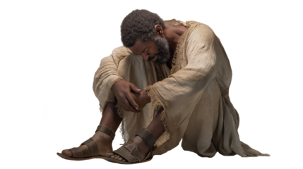Sorrowful man full body on transparent background, biblical figure with guilt-ridden face looking downward in shame, isolated New Testament character PNG.