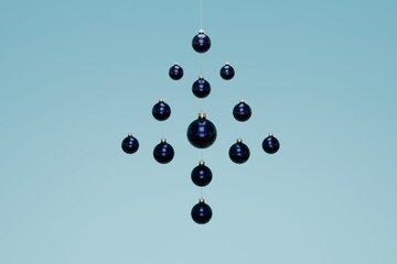 3d render of sparkly christmas ornaments hanging in a tree shape