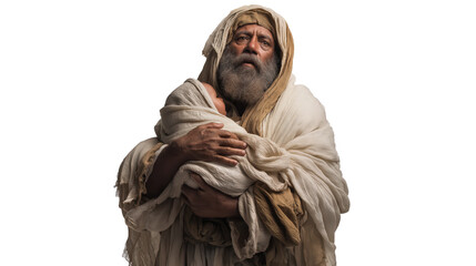 Simeon the Elder full body on transparent background, standing in temple garments and cradling infant Jesus, biblical New Testament presentation in the temple isolated PNG.